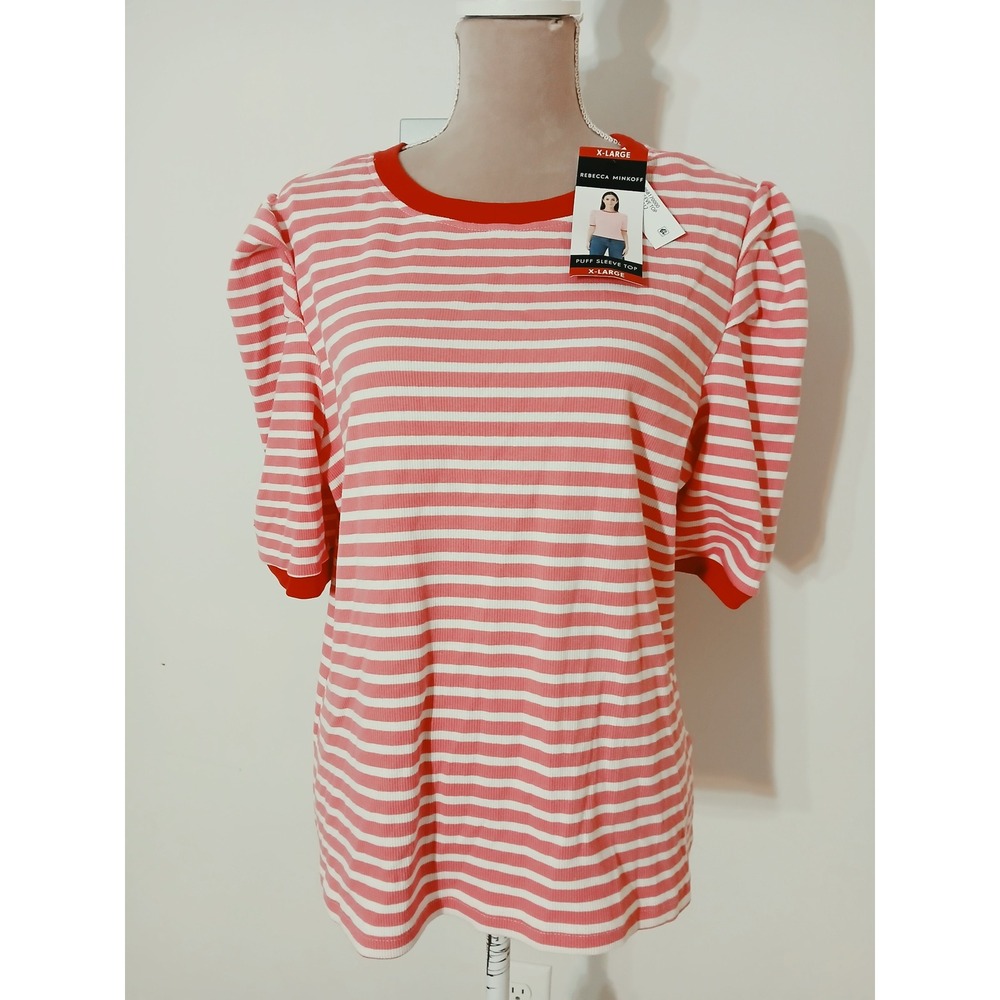 Rebecca Minkoff Pink Stripe Red Puff Sleeve XL Ribbed Cotton Ringer Tshirt  New
